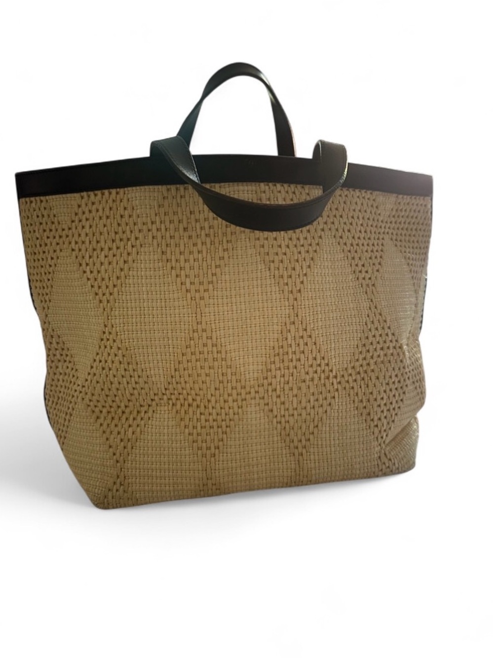 Saks Fifth Avenue Beige Woven Tote with Black Trim